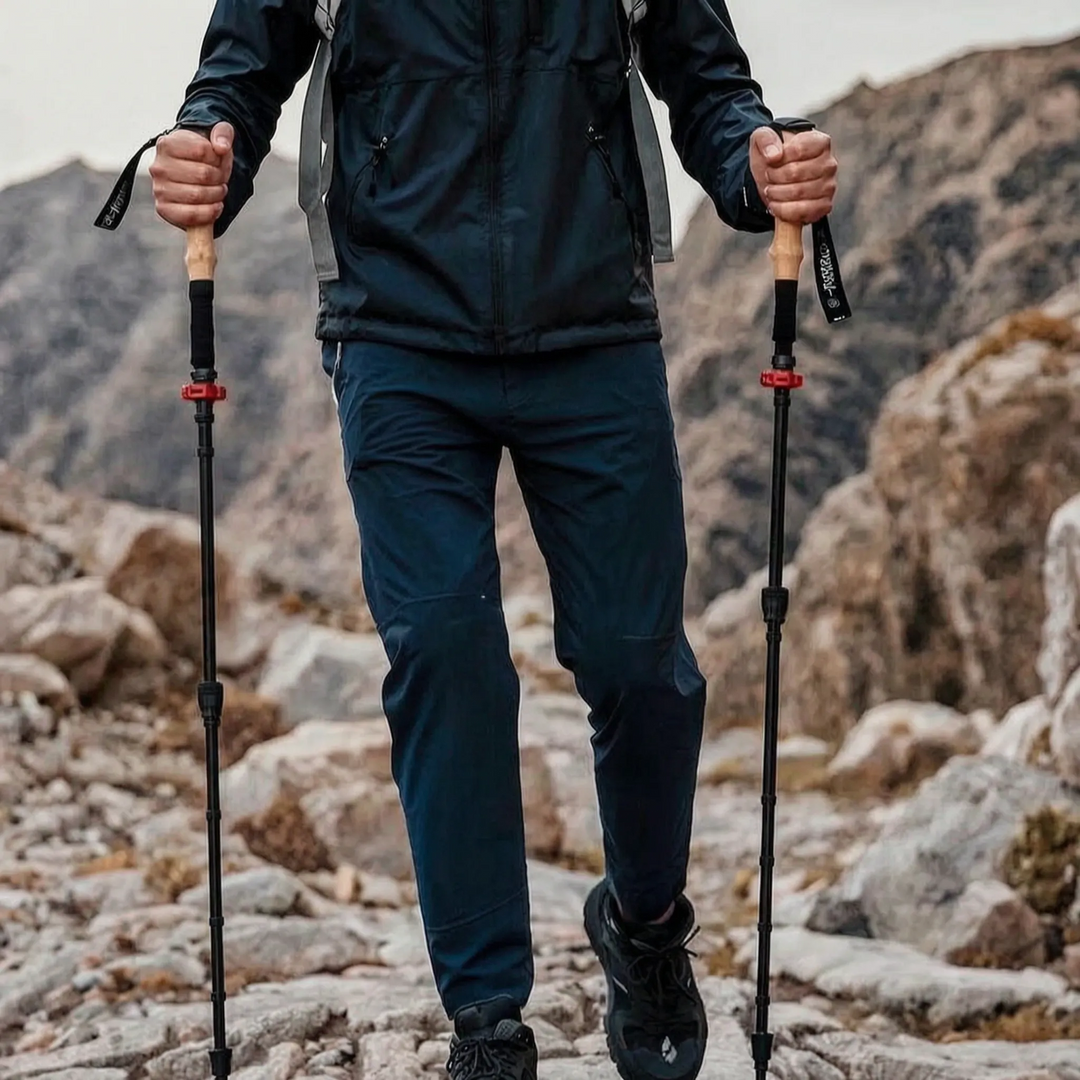 Collapsible trekking poles with ergonomic grip, perfect for backpacking, hiking, & varied landscapes.