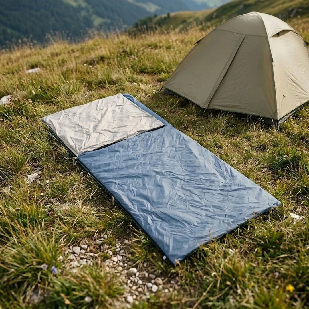 Lightweight compact brown envelope sleeping bag, ideal for summer camping & hiking.