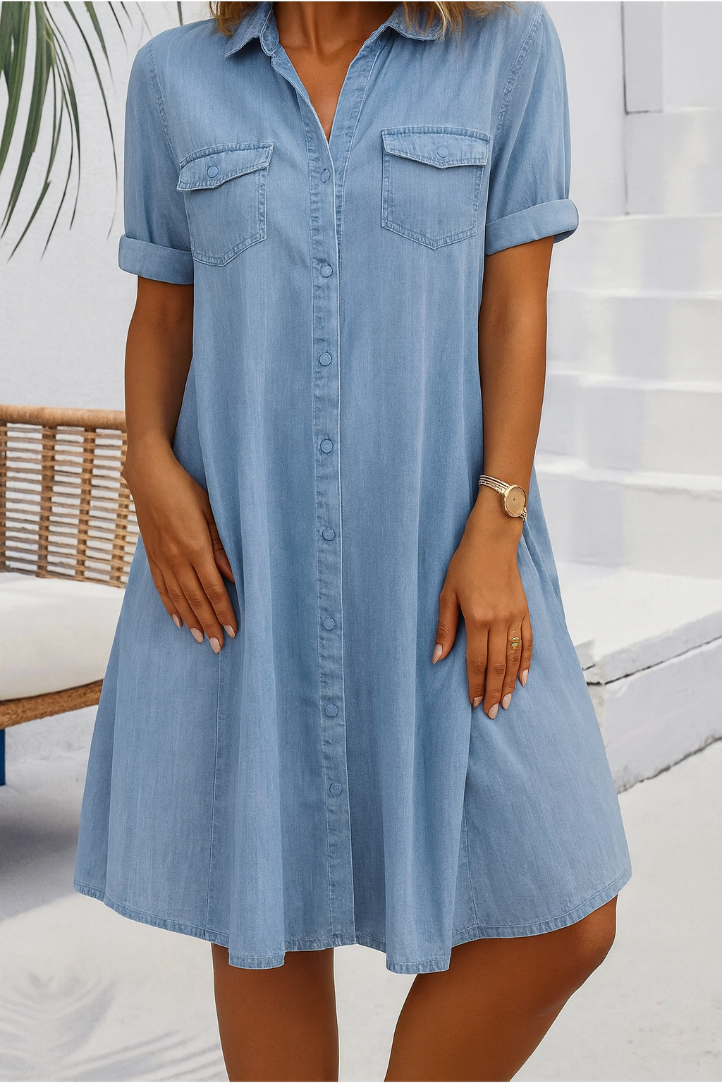Lightweight denim-look shirt dress for women. Casual, comfortable, and versatile for everyday spring & summer style.