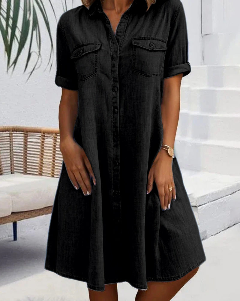Women's button-down denim-look shirt dress. Effortless casual style, perfect lightweight choice for summer & spring.