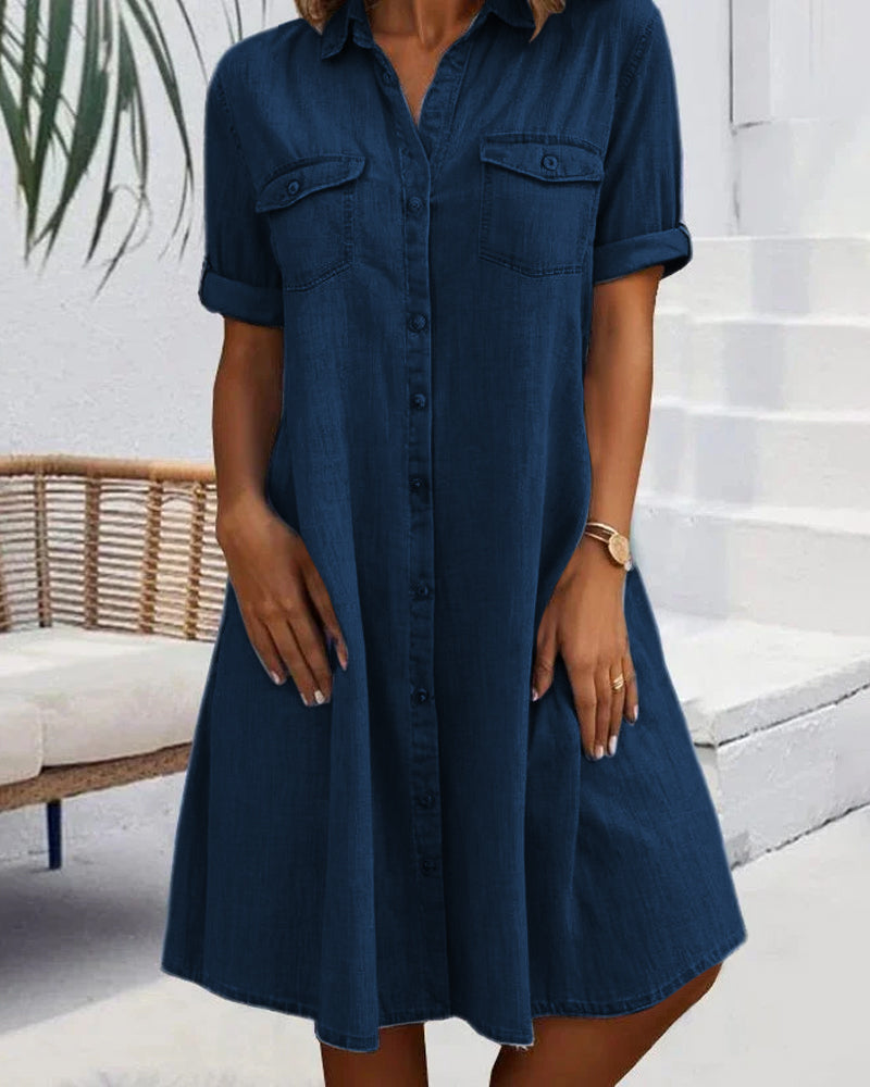 Soft women's lightweight denim-look shirt dress. Comfortable everyday wear, ideal for casual spring & summer fashion.