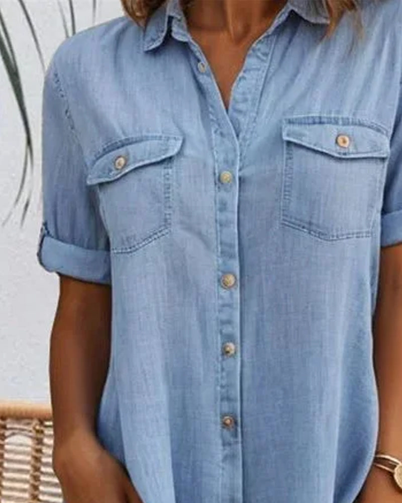 Stylish women's lightweight denim-look shirt dress. Casual button-down design for versatile spring & summer outfits.