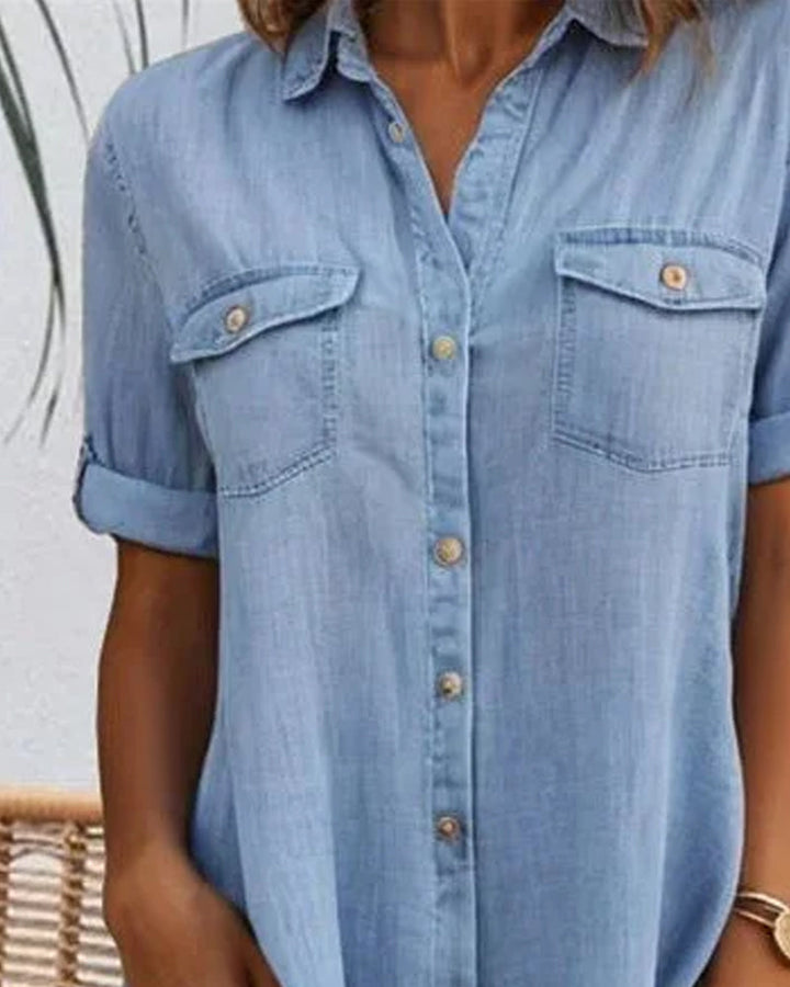 Stylish women's lightweight denim-look shirt dress. Casual button-down design for versatile spring & summer outfits.