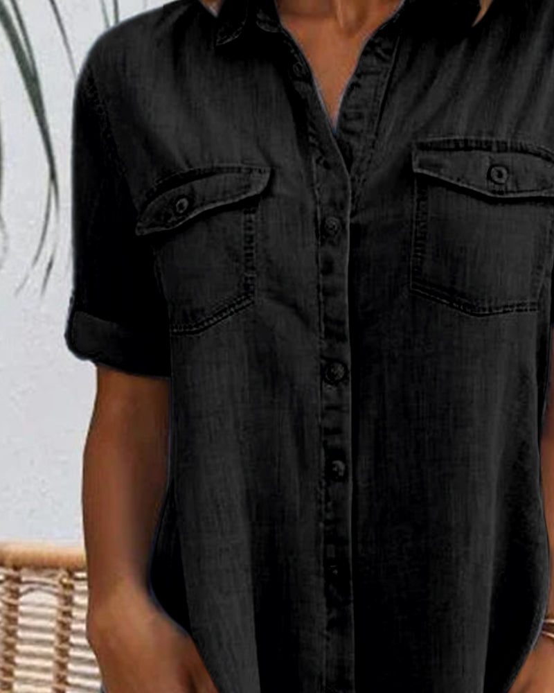 Everyday women's lightweight denim-look shirt dress. Relaxed button-down style, perfect for comfortable spring wear.