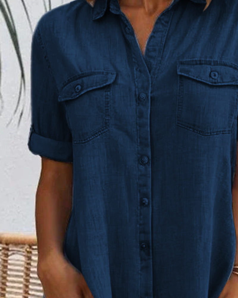 Comfortable women's lightweight denim-look shirt dress. Easy-to-wear button-front for everyday spring/summer style.