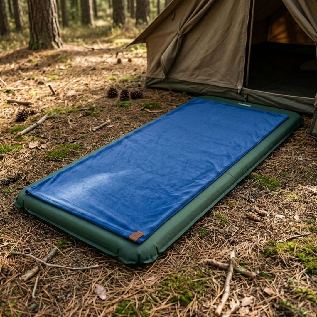 Lightweight green envelope sleeping bag liner for hygienic travel & camping.