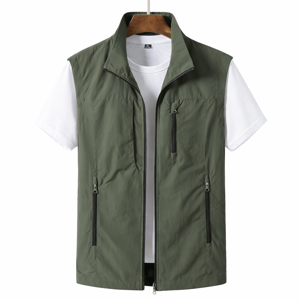 Lightweight men's summer vest with multiple pockets, ideal for travel, casual wear & outdoor activities.