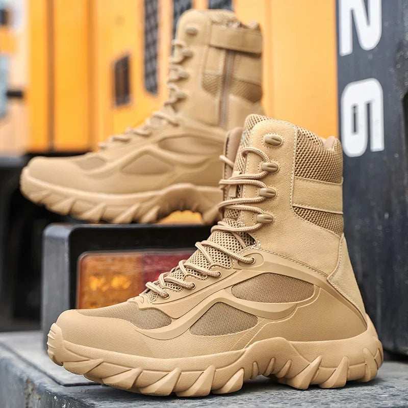 Rugged waterproof men's tactical boots, lightweight & non-slip for all-terrain dominance.
