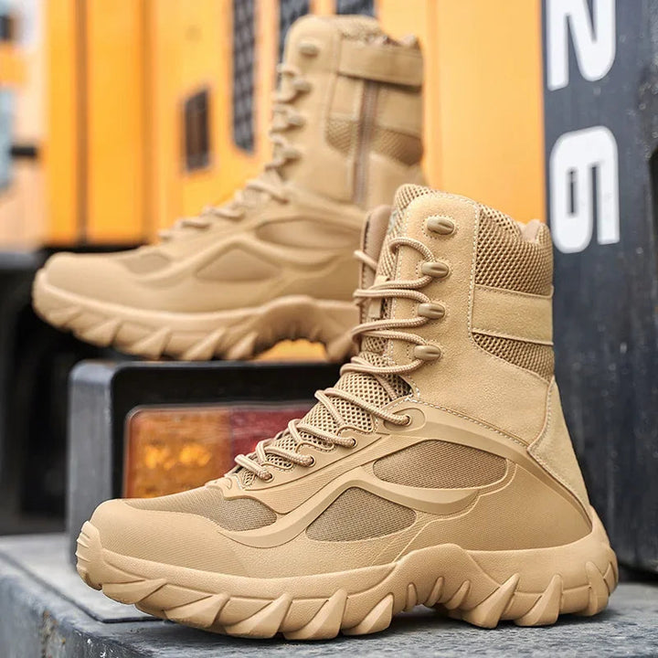 Rugged waterproof men's tactical boots, lightweight & non-slip for all-terrain dominance.