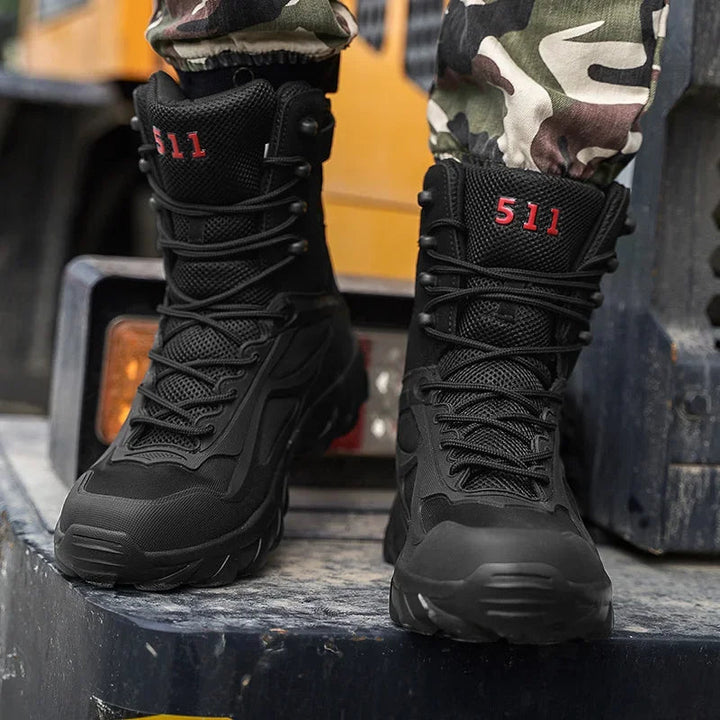All-terrain men's tactical footwear, sleek design, non-slip sole, ideal for rugged outdoor use.