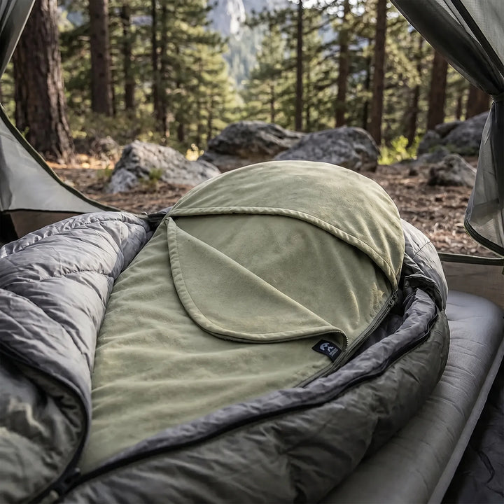 Lightweight rectangular sleeping bag liner for camping and travel comfort. An outdoor essential.