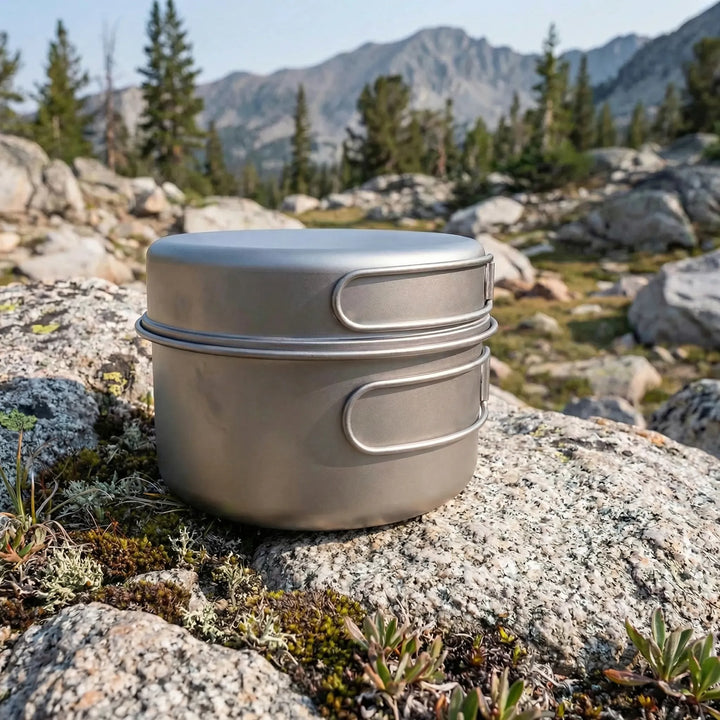 Lightweight titanium camping cookware set with folding handles, perfect for backpacking and outdoor cooking.