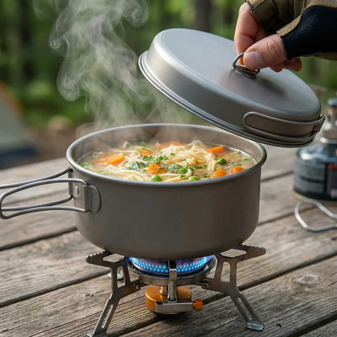 Premium titanium camping cookware with folding handles, ideal lightweight pot set for outdoor adventures.