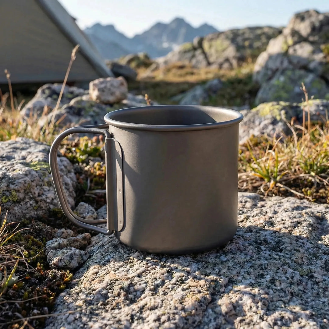 Lightweight titanium camping mug with foldable handle, perfect for hiking, backpacking, and outdoor adventures.