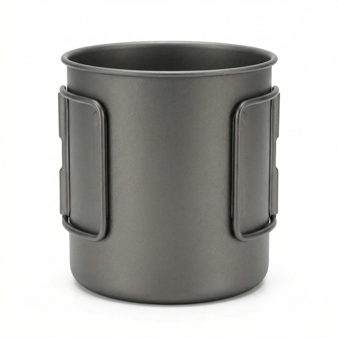 Portable camping mug with a convenient foldable handle, essential camp cookware for hikers and backpackers.