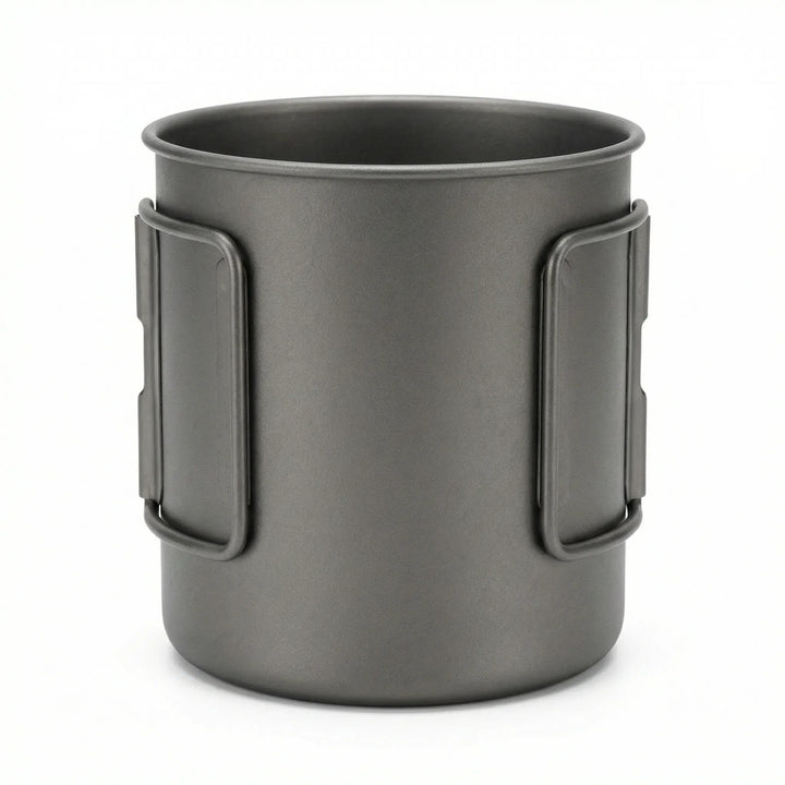 Portable camping mug with a convenient foldable handle, essential camp cookware for hikers and backpackers.