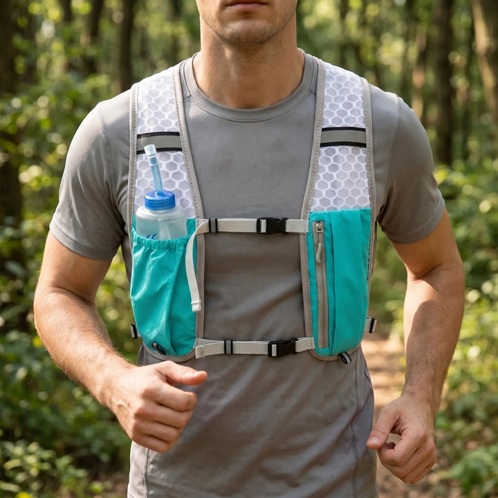 Lightweight turquoise hydration running vest for trail running & outdoor activities.