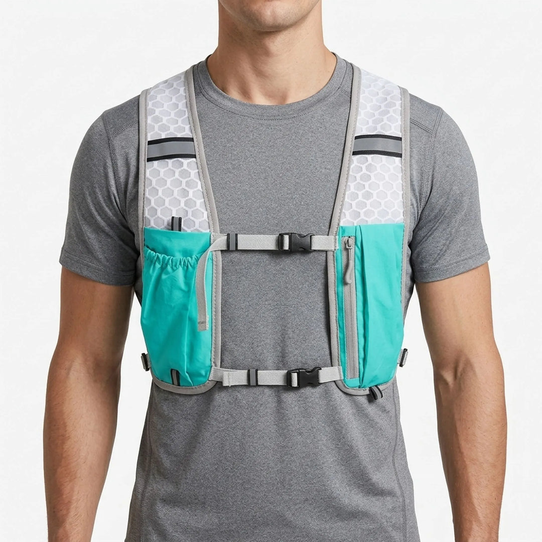 Turquoise hydration vest, ideal for active trail running and outdoor fitness.