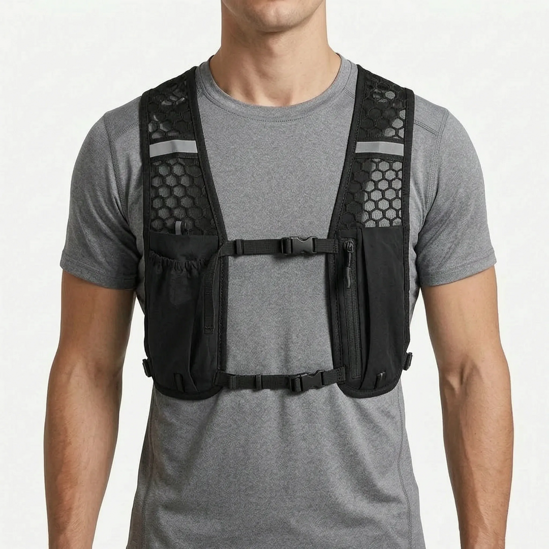 Stay hydrated on trails with this lightweight turquoise running hydration vest.