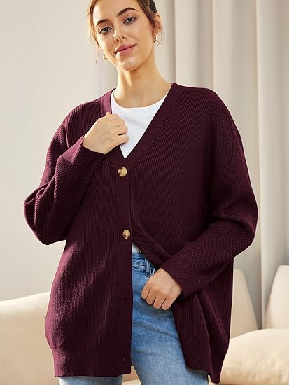 Soft knit lightweight V-neck cardigan with button closure, ideal for women's fall fashion.
