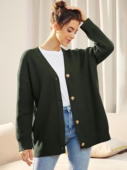 Women's lightweight V-neck cardigan with button closure. Cozy and comfortable knitwear.