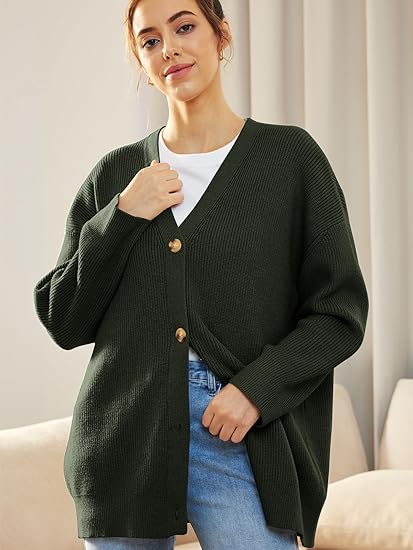 Elegant women's lightweight V-neck knit cardigan with classic button-front detail.