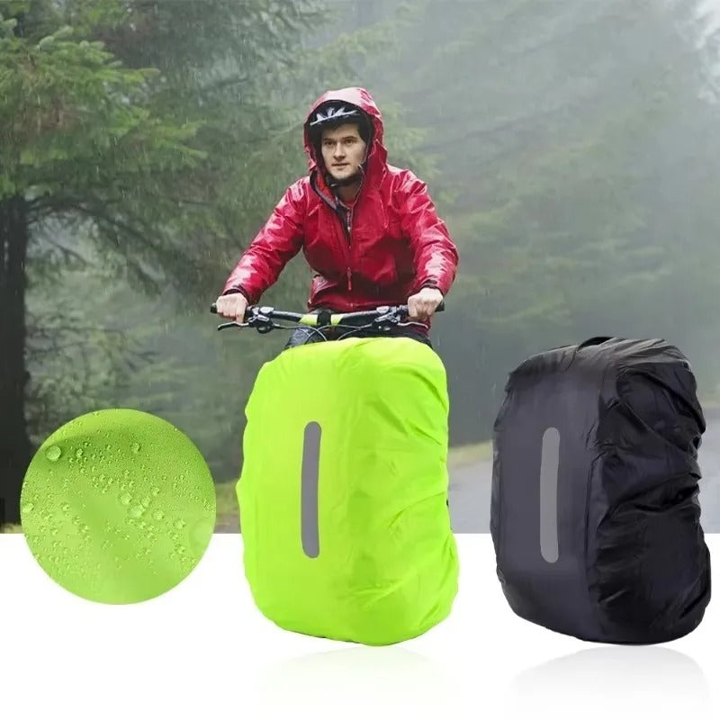 Durable waterproof backpack cover with reflective strips, essential travel accessory for adventurers.