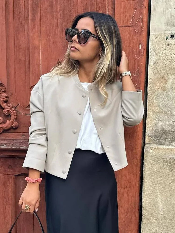 Lightweight women's bomber jacket, stand collar, casual chic, polyester, perfect for summer outerwear.