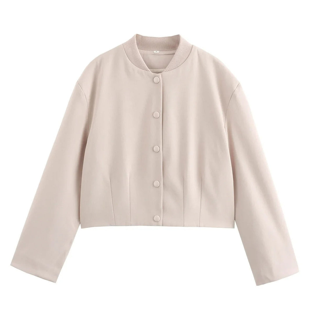 Women's summer bomber jacket in sleek polyester, featuring a stylish stand collar and casual fit.