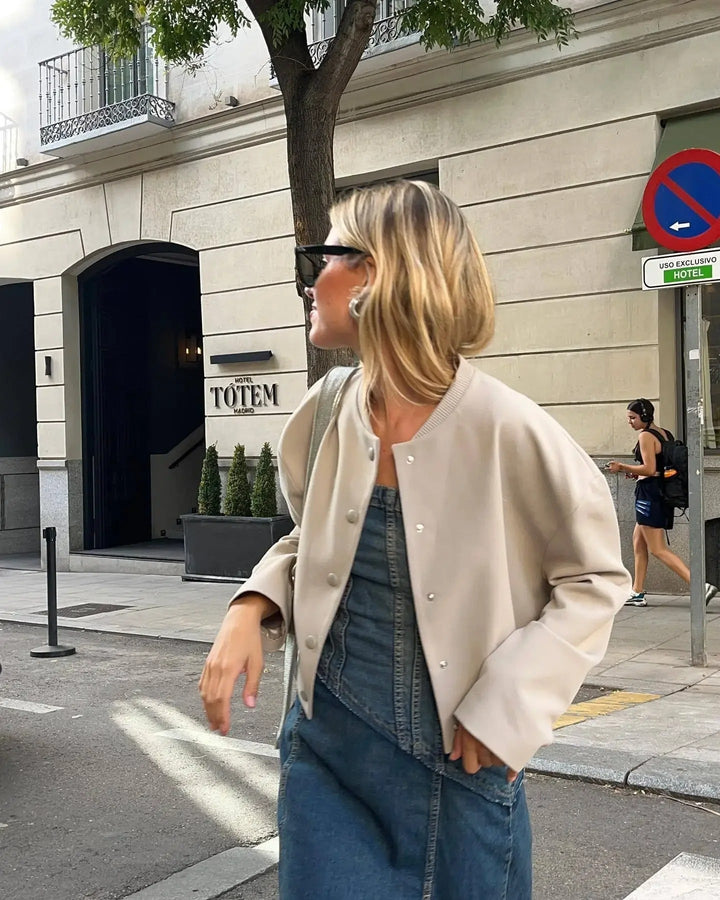 Stand collar bomber jacket for women, designed for summer, comfortable lightweight polyester outerwear.