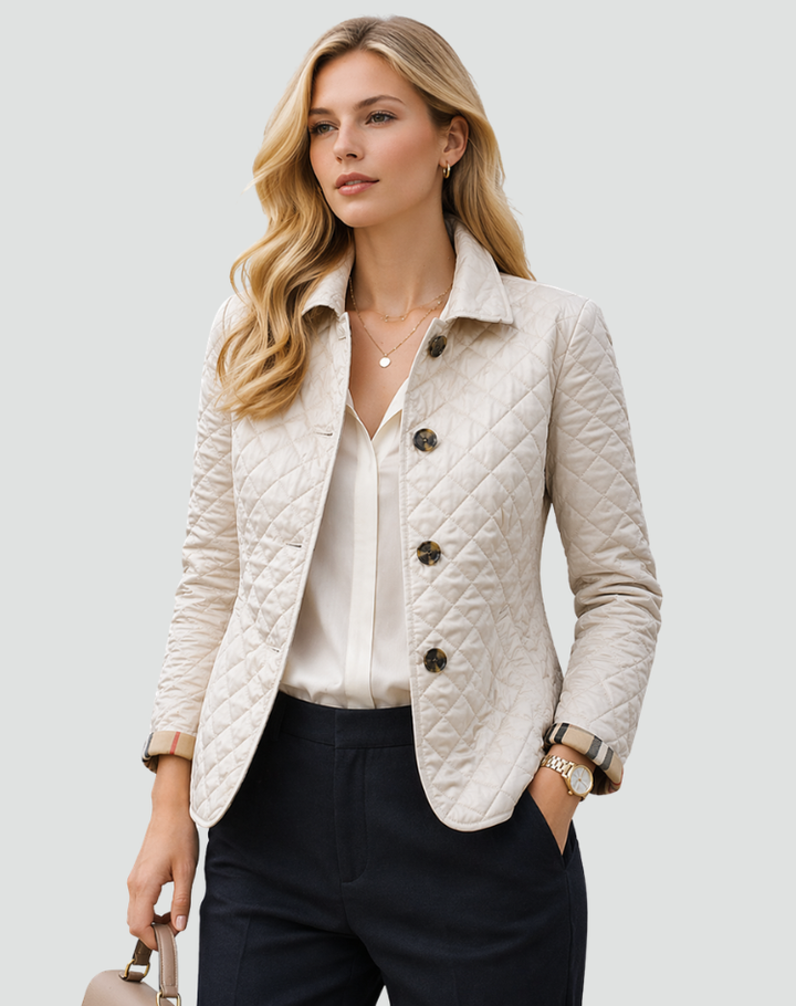 Elegant women's lightweight quilted jacket, structured collar. Versatile casual outerwear for spring & fall.
