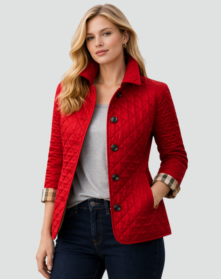 Women's stylish quilted jacket, lightweight with a chic structured collar & button-up closure. Everyday wear.