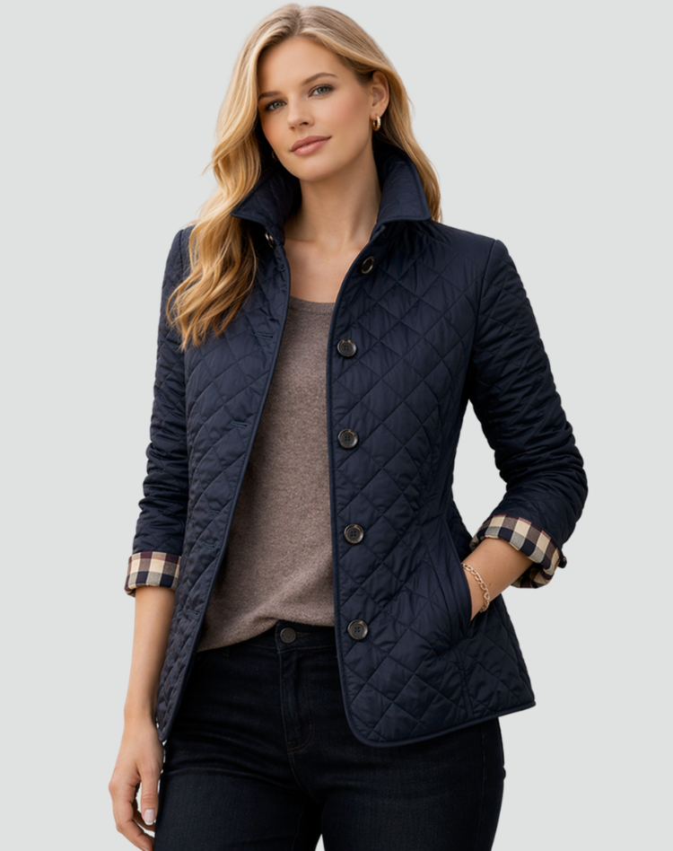 Everyday women's lightweight quilted jacket. Structured collar, button front. Versatile fall/spring outerwear.