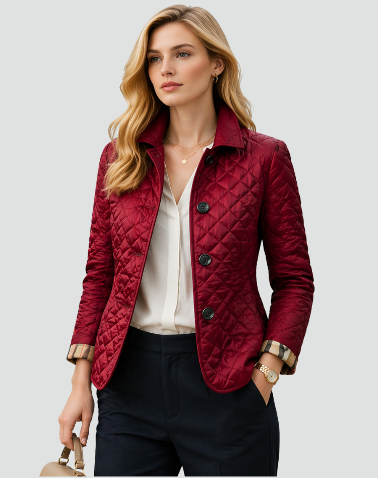 Lightweight quilted jacket for women, structured collar. Ideal layering piece for casual spring/fall style.