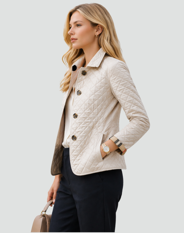 Soft women's lightweight quilted jacket, structured collar. Cozy outerwear for everyday elegance & comfort.