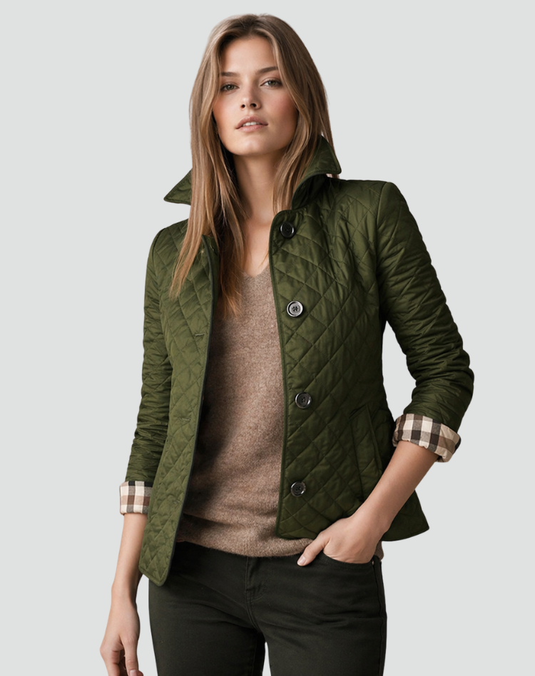 Chic women's lightweight quilted jacket featuring a sharp structured collar. Perfect for versatile spring/fall.