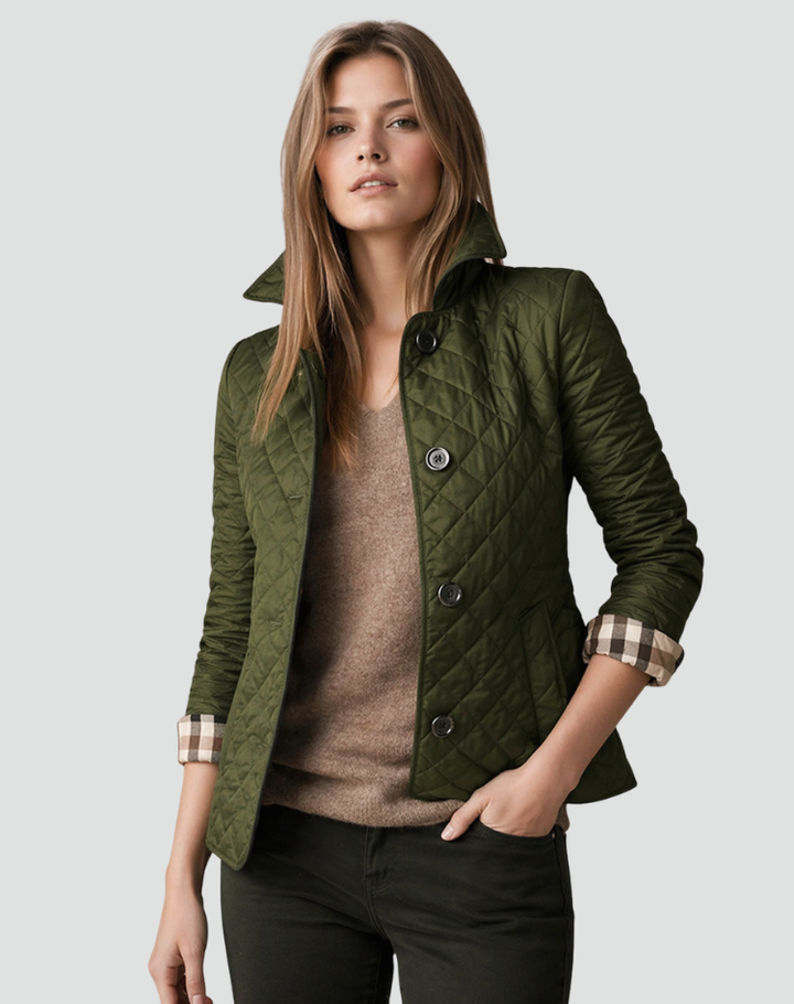 Chic women's lightweight quilted jacket featuring a sharp structured collar. Perfect for versatile spring/fall.