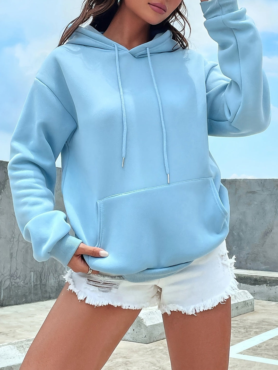 Soft lilac plush women's pullover hoodie, perfect for cozy casual style.