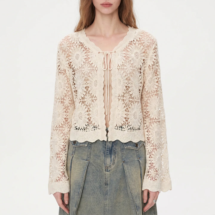 Feminine lilac floral openwork cardigan for women. Lightweight summer layer with tie front, bell sleeves, and boho charm.