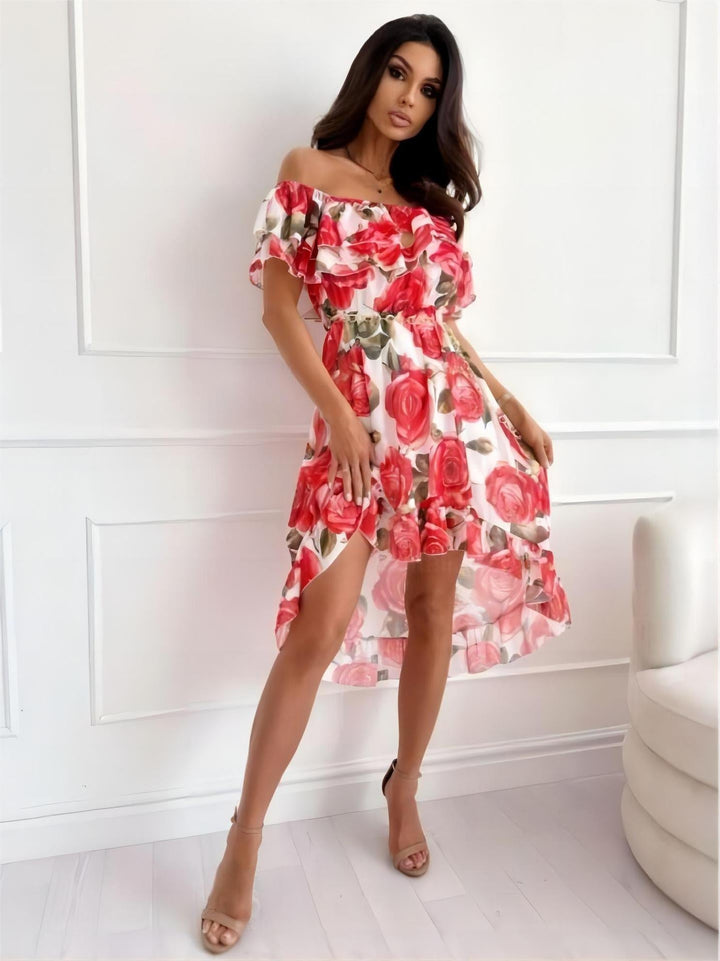 Lina women's ruffled off-shoulder mini dress in black, perfect for summer casual wear.