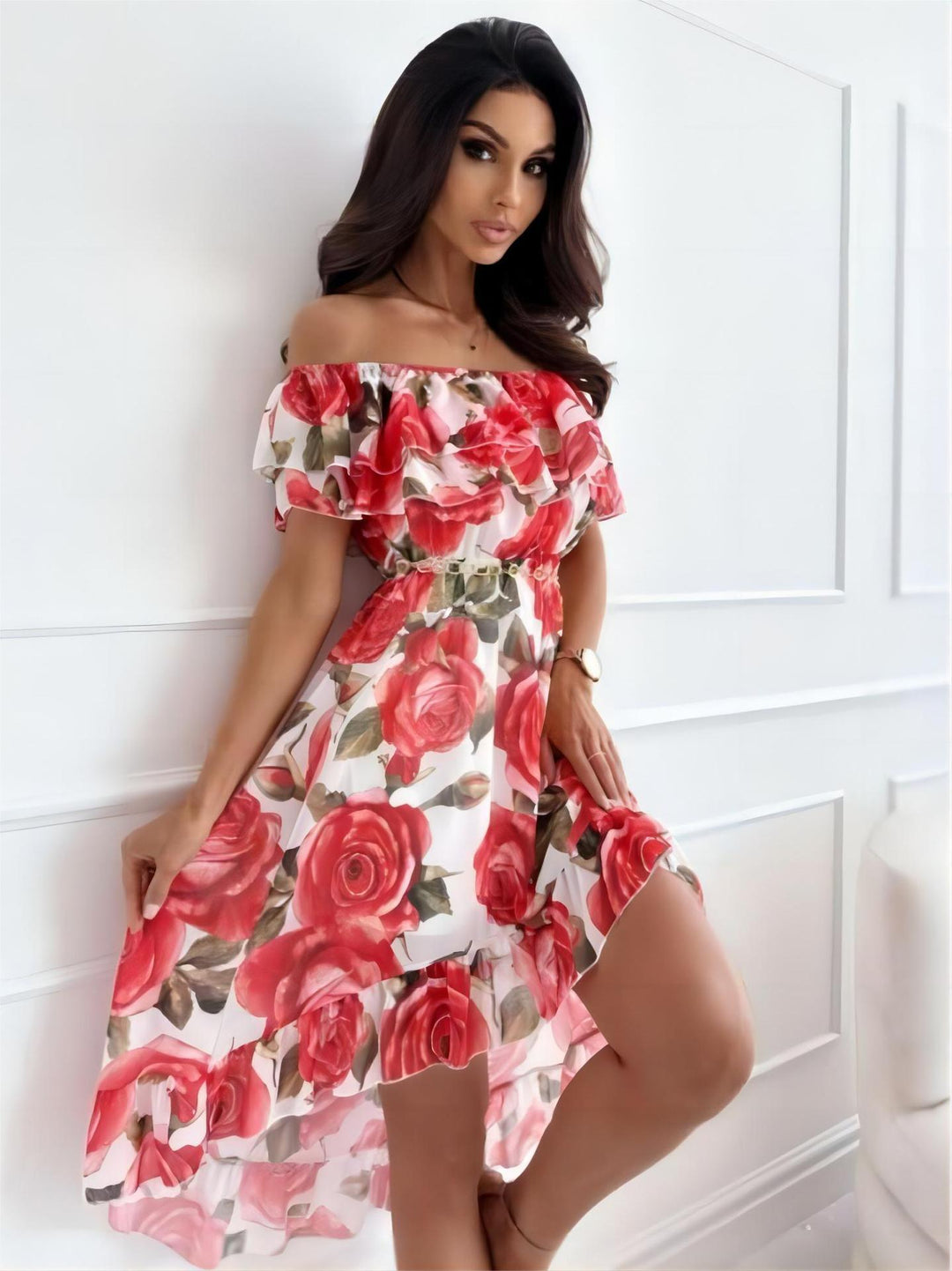 Stylish women's off-shoulder mini dress with ruffles, a chic lightweight polyester party dress.