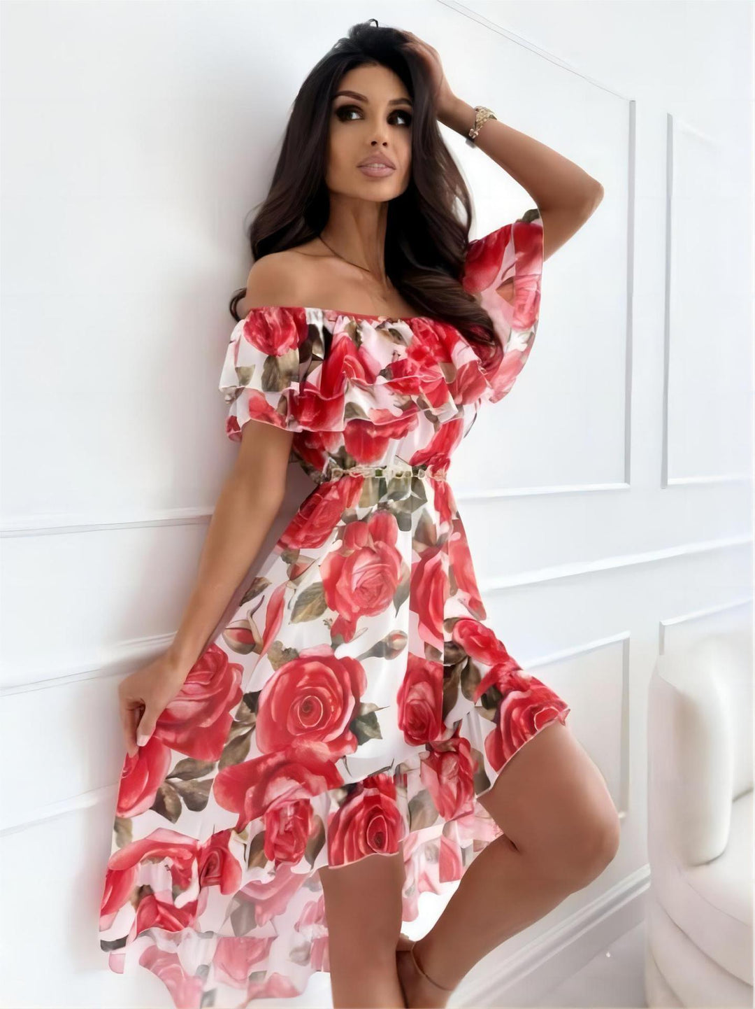 Casual off-shoulder ruffled mini dress for women, ideal for summer parties and events.