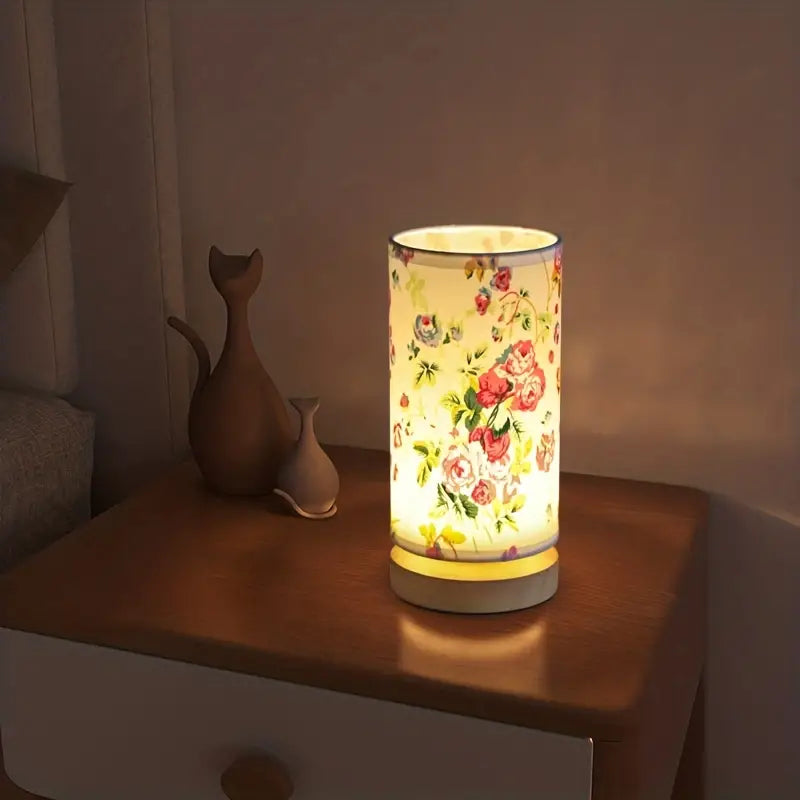 Linen look LinoGlow bedside night light, creating warm & cozy ambiance for modern bedroom decor.
