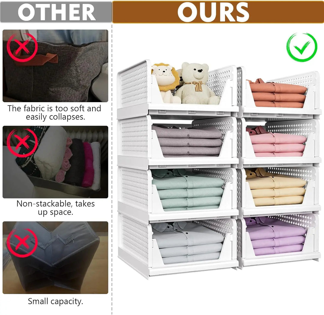 Set of five stackable closet storage boxes by Liora, space-saving foldable fabric organizer solution