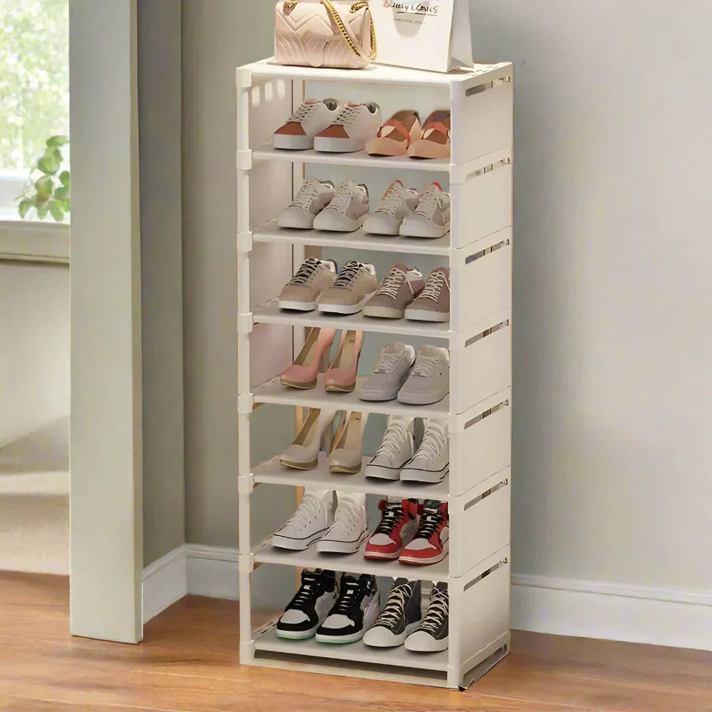 Liora 6-layer space-saving metal shoe rack with fabric shelves, ideal for small entryways