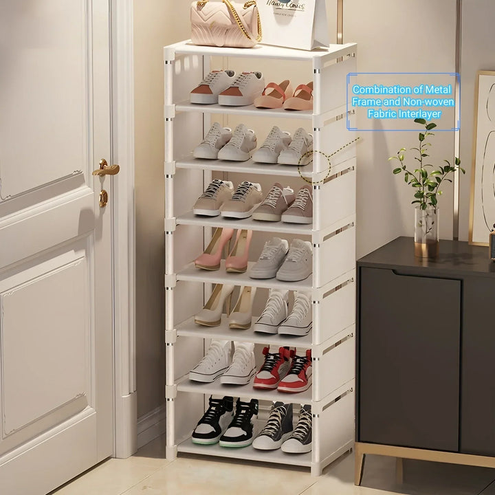 Space-saving 6-tier shoe rack with black metal frame and grey fabric shelves for home organization