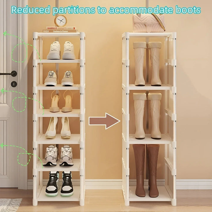 Slim Liora shoe rack: an 8-tier metal frame and dark grey fabric, an efficient home organization solution.