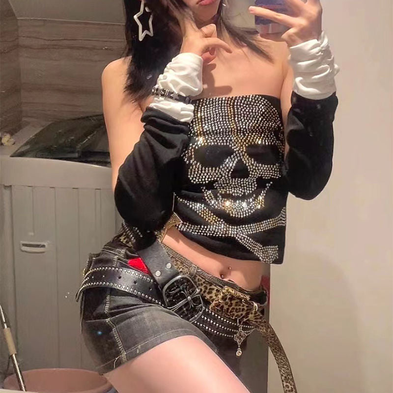 Liora black women's top featuring a dazzling rhinestone skeleton, perfect for a party or festival outfit.