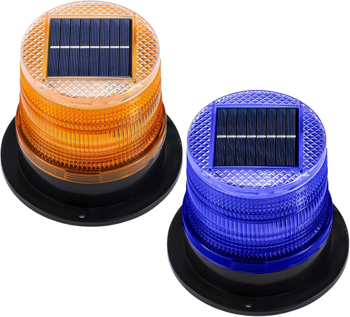Solar-powered amber and blue magnetic strobe light set for emergency safety and outdoor warning