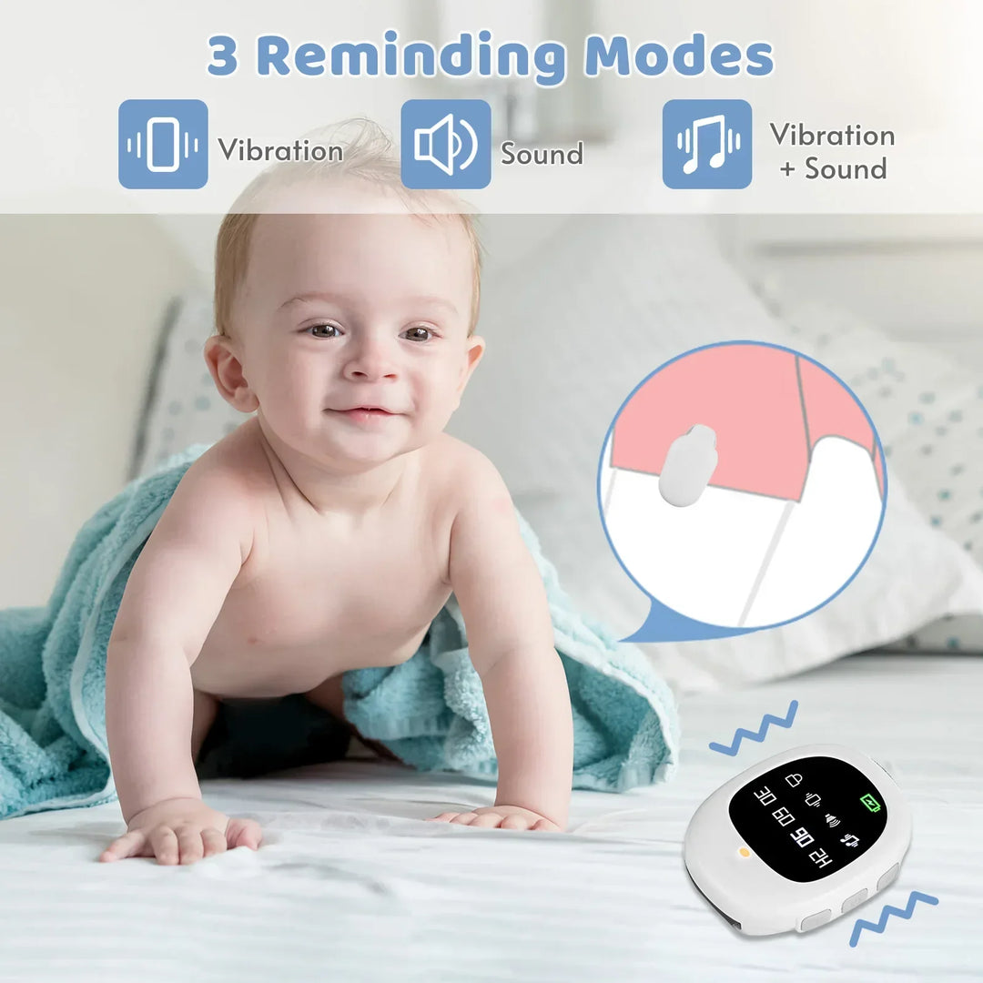 Close-up of Liora wireless bedwetting alarm unit with adjustable settings, rechargeable